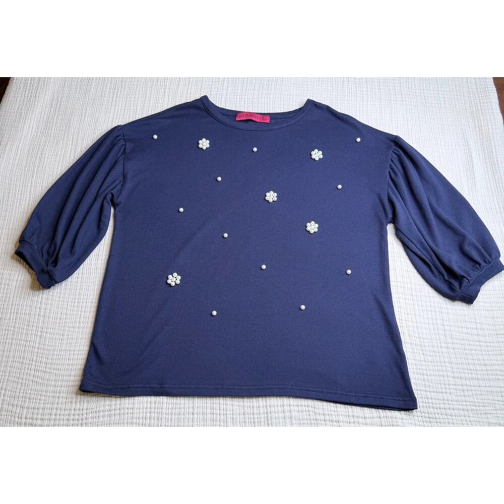 Navy Pearl Embellished Puff Sleeve Knit Top M